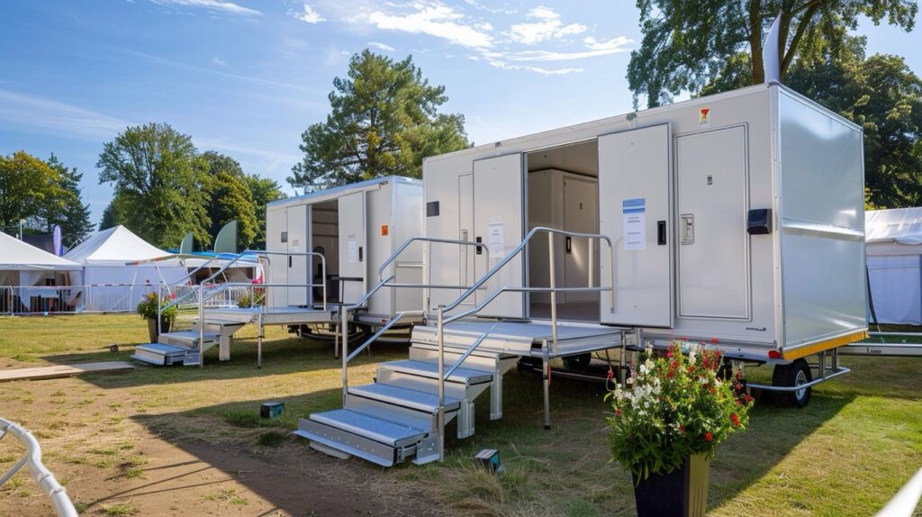 two portable restroom trailers with open doors are set up on a grassy area with trees and tents in the background. the trailers, perfect for outdoor events, are equipped with ramps and steps, making them handicap friendly. potted plants are seen nearby.