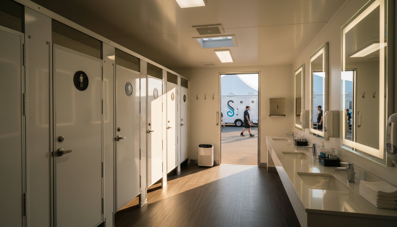 Clean, climate-controlled film production restroom trailer interior with professional fixtures and adequate space for crew use