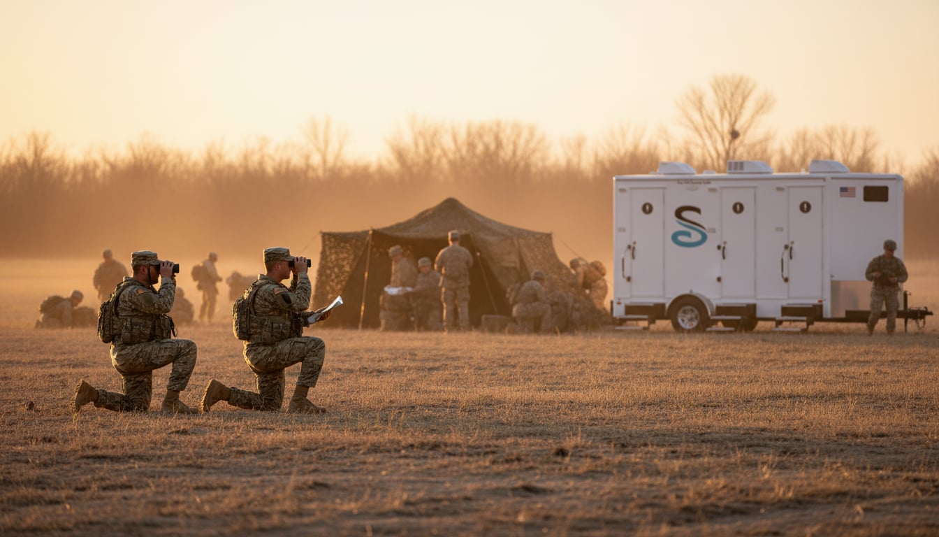 Restroom trailer facilities deployed at a military base during a field training exercise with soldiers in the background