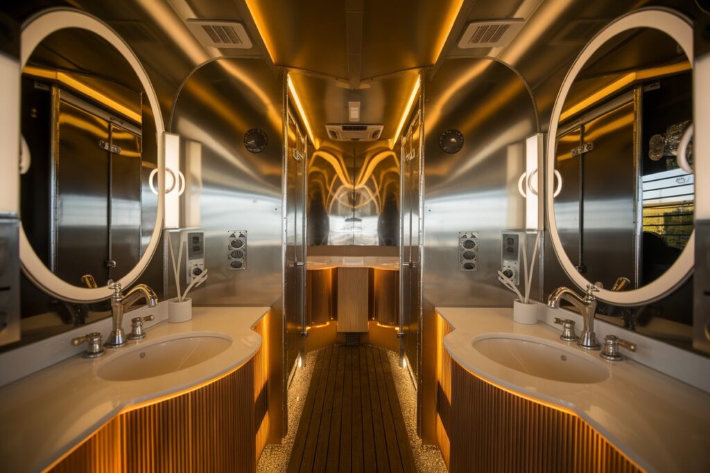 discover a modern bathroom interior resembling a luxurious restroom trailer, featuring illuminated mirrors, dual sinks, metallic walls, and ambient lighting.