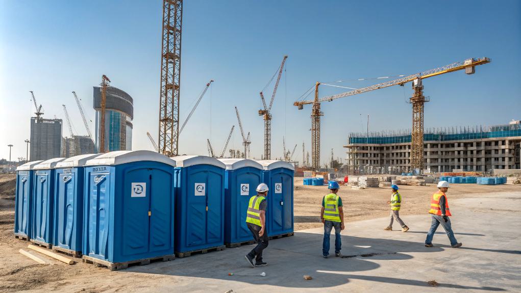The Commercial Construction Site Hums With Activity As Cranes Tower Overhead. Workers In Hard Hats And Safety Vests Navigate The Bustling Area, While Nearby, Several Blue Portable Restrooms Stand Ready. A Partially Constructed Building Rises In The Background, Framing The Industrious Scene.