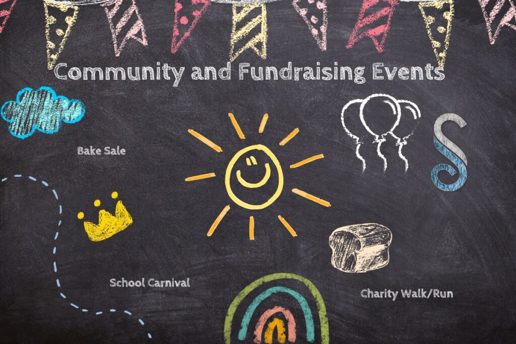colorful chalkboard with "community and fundraising events" title, featuring images and text for a bake sale, school carnival, charity walk/run, smiling sun, balloons, and various drawings. perfect event ideas to enhance school spirit while supporting great causes!
