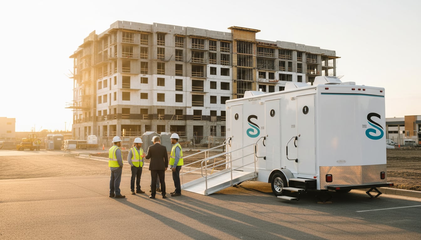 ADA accessible restroom trailer with wheelchair ramp at commercial property site