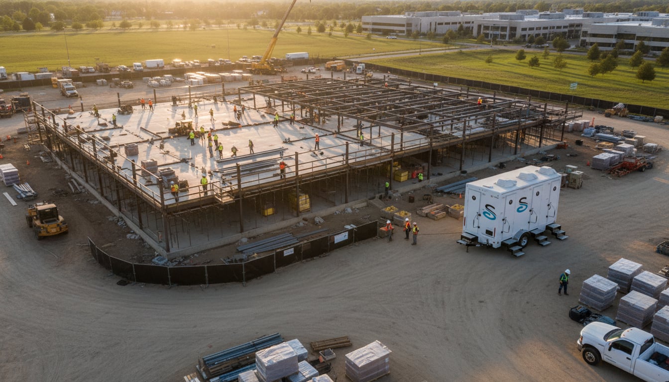 Aerial view of a large-scale data center construction site with workers and a Stahla restroom trailer facility positioned near the staging area