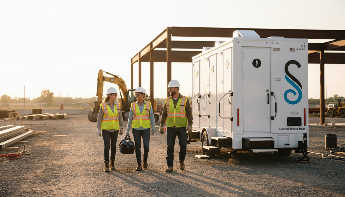 Modern construction site shower trailer providing clean facilities for workers on active job site