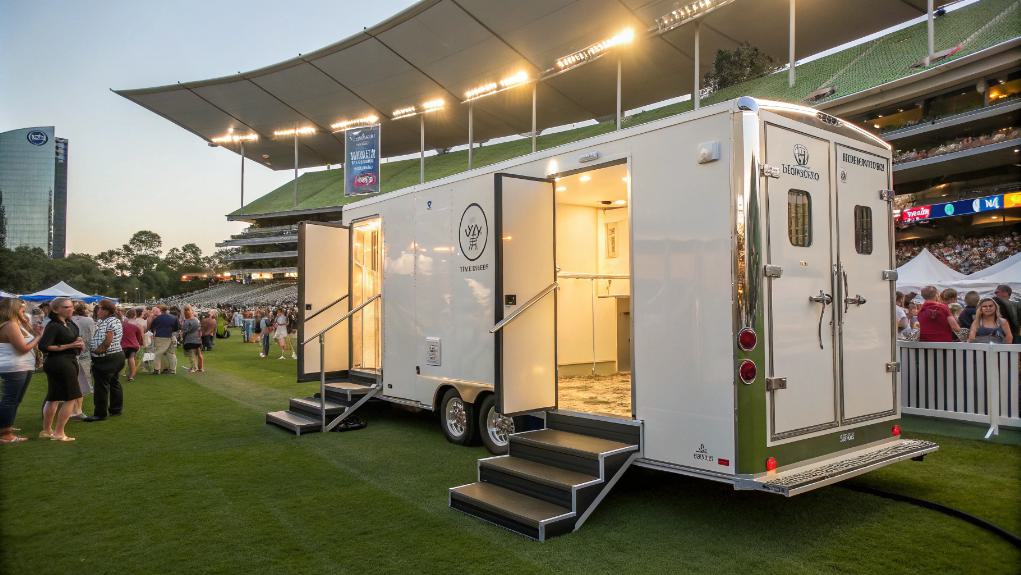 A Luxury Restroom Trailer, Available Through Restroom Rental Services, Is Set Up On A Grass Field At An Outdoor Sporting Event, With People And Stadium Seating In The Background.