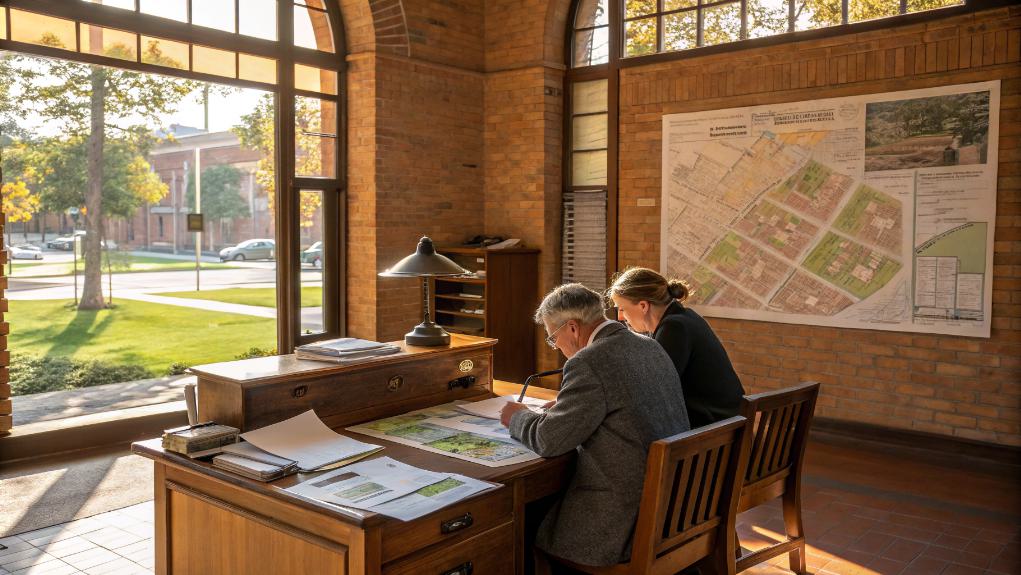 Two People Reviewing Architectural Plans At A Large Desk In A Sunlit Room, With A Detailed Map On The Wall Illustrating Zoning Sections And Large Windows Showing An Idyllic View Outside.