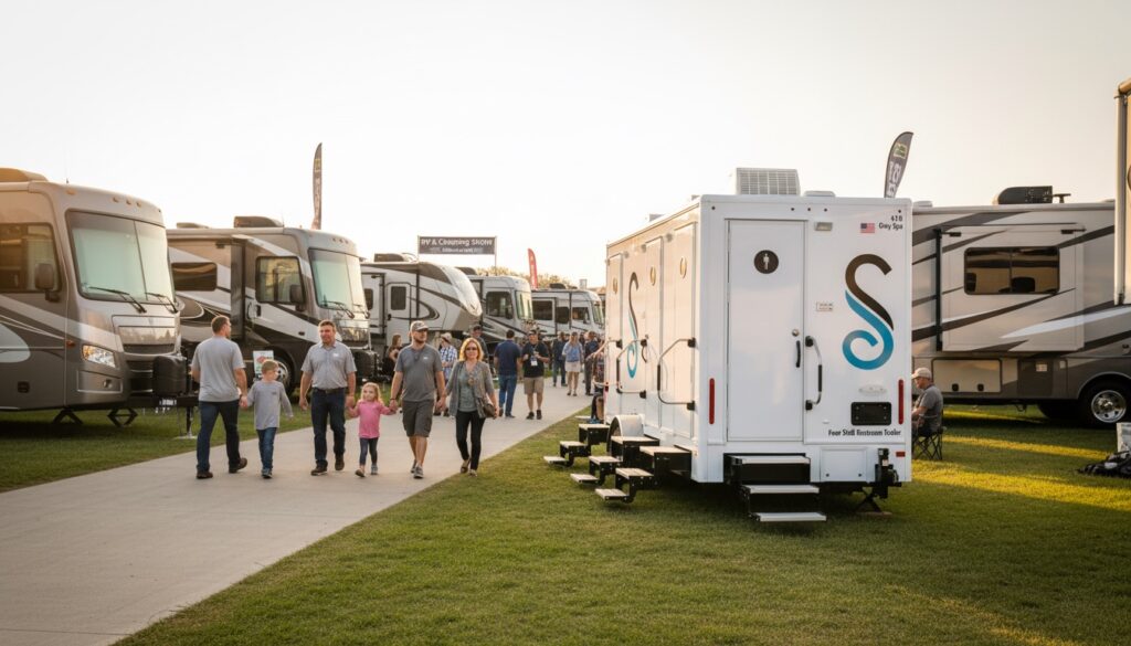 People walk among parked RVs at an outdoor event on a sunny day, with a mobile restroom trailer in the foreground—perfect for RV show restroom rentals or camping event facilities, surrounded by green grassy areas.