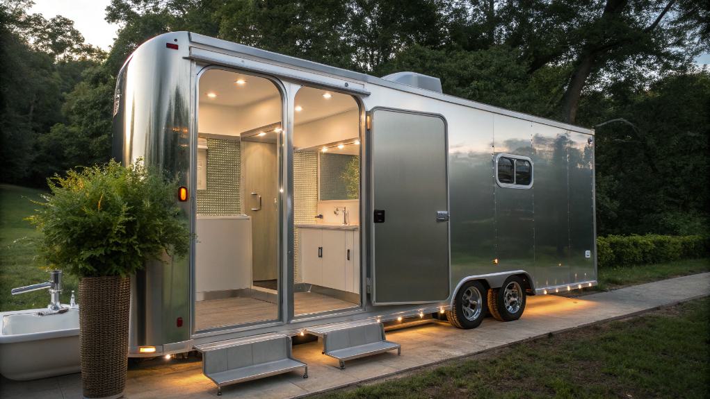 A Modern, Silver Mobile Restroom Trailer With The Door Open Reveals A Well Lit Interior Featuring Sinks And Mirrors, Parked On A Path Surrounded By Trees.