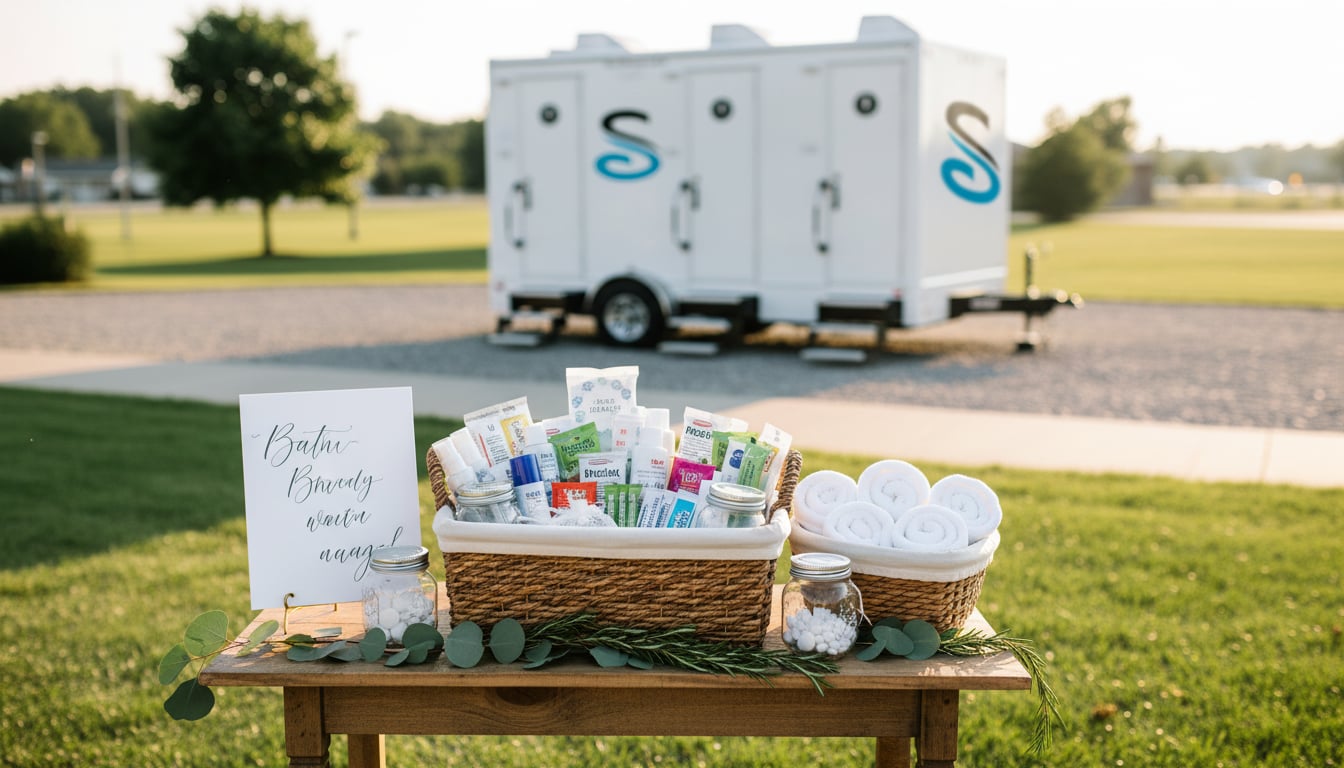Beautifully styled wedding bathroom basket display with a handwritten sign fresh greenery and neatly organized amenities near restroom facilities