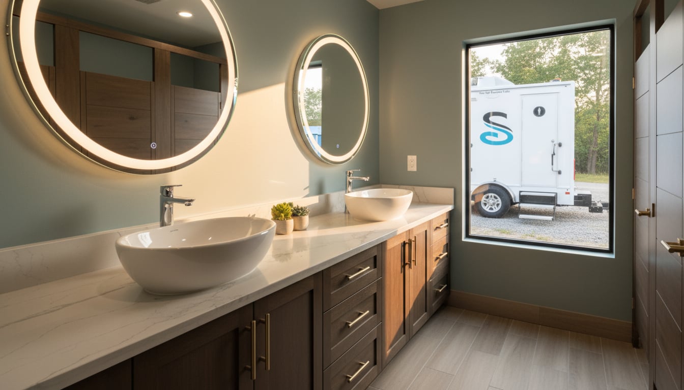 Interior view of a luxury restroom trailer showing elegant countertops, mirrors, and warm lighting