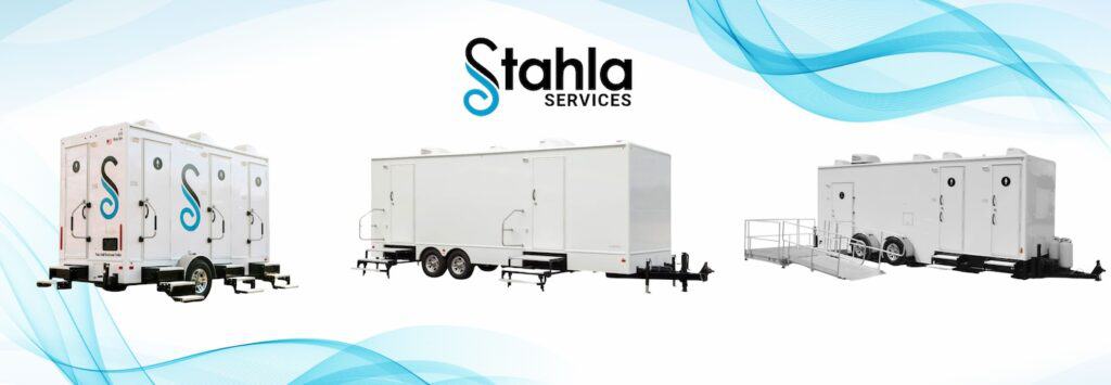 Image 5: three stahla services restroom trailers in different sizes, including large capacity models suitable for festivals, displayed against a blue abstract background with company logo.