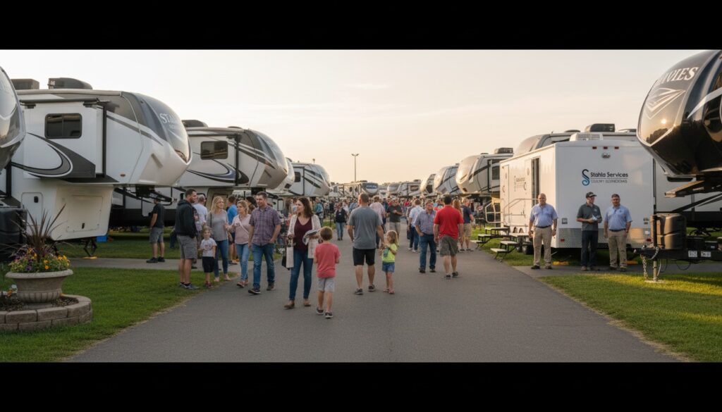 Professional restroom trailer at RV show positioned near displayed motorhomes and travel trailers with attendees visible