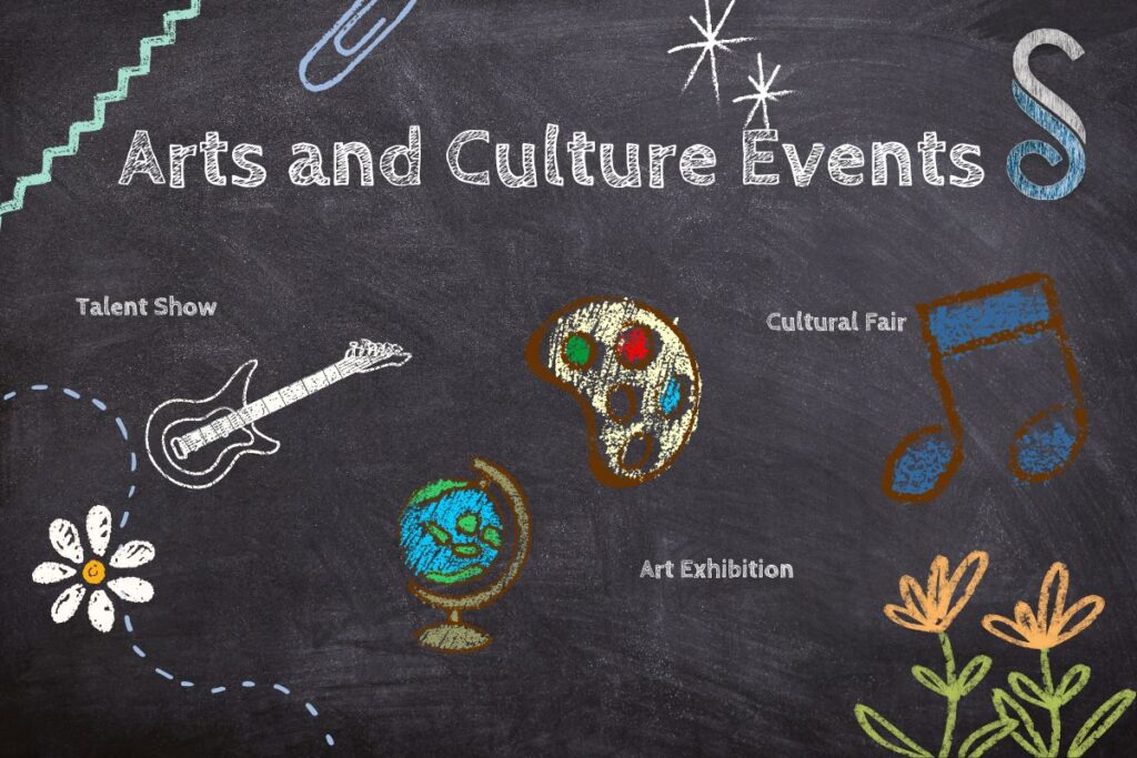 chalkboard style illustration promoting school arts and culture events, including a talent show, a cultural fair, and an art exhibition. depictions include a guitar, a paint palette, a music note, and flowers. filled with creative ideas for everyone!