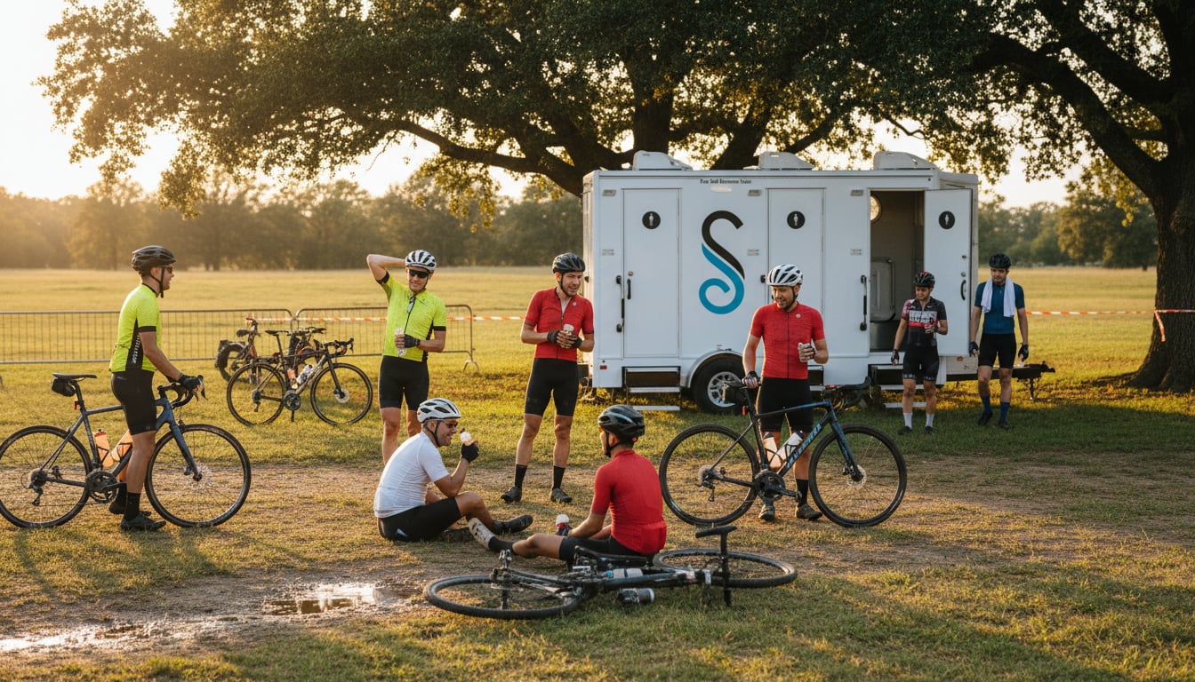 Shower trailer at cycling event with participants and bikes showing post-race athlete facilities