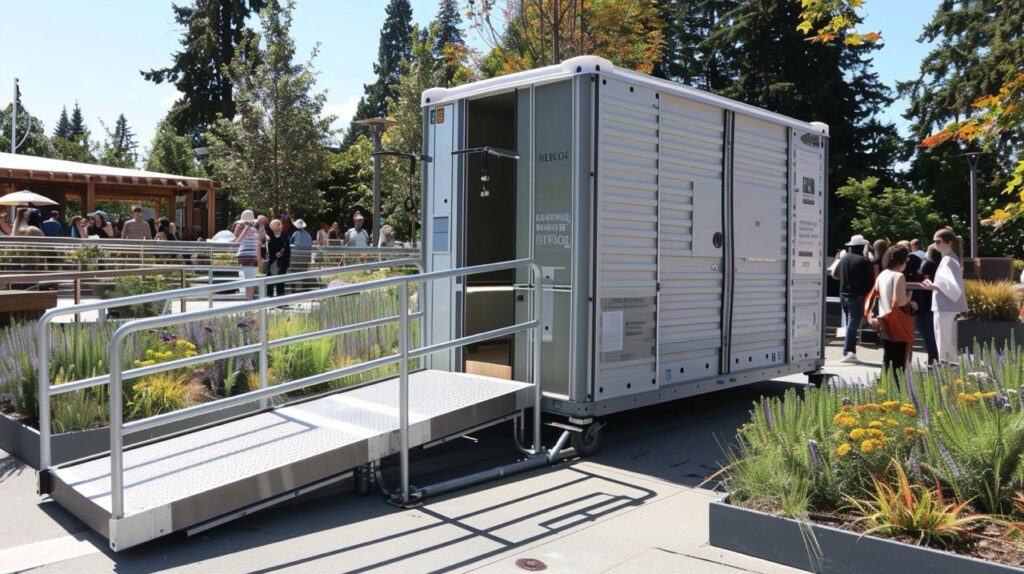 a portable restroom unit with accessibility features, including a ramp, is positioned outdoors. ideal for outdoor events, it ensures handicap friendly accommodations. several people are gathered in the background near gardens and trees.