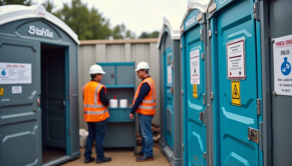 Two workers in safety vests and helmets stand near a portable restroom area at a construction site, with open restroom doors and safety signs visible, highlighting proper construction site sanitation and osha compliance.