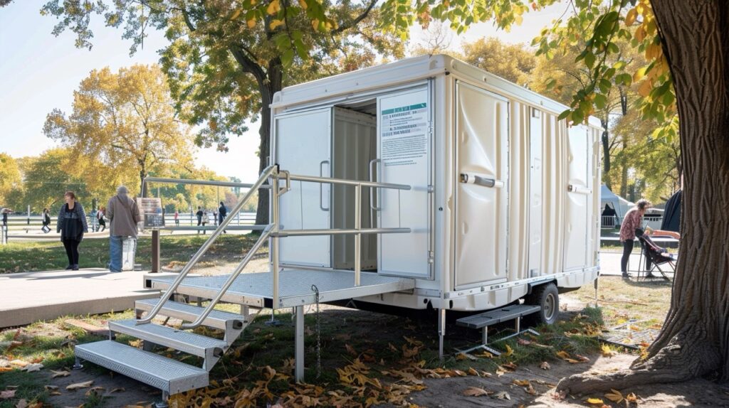 a mobile restroom unit with ramps is set up in a park on a sunny day, perfect for outdoor events. several people are seen in the background walking and engaging in various activities. trees with autumn foliage surround the area, making it a handicap friendly spot for everyone.