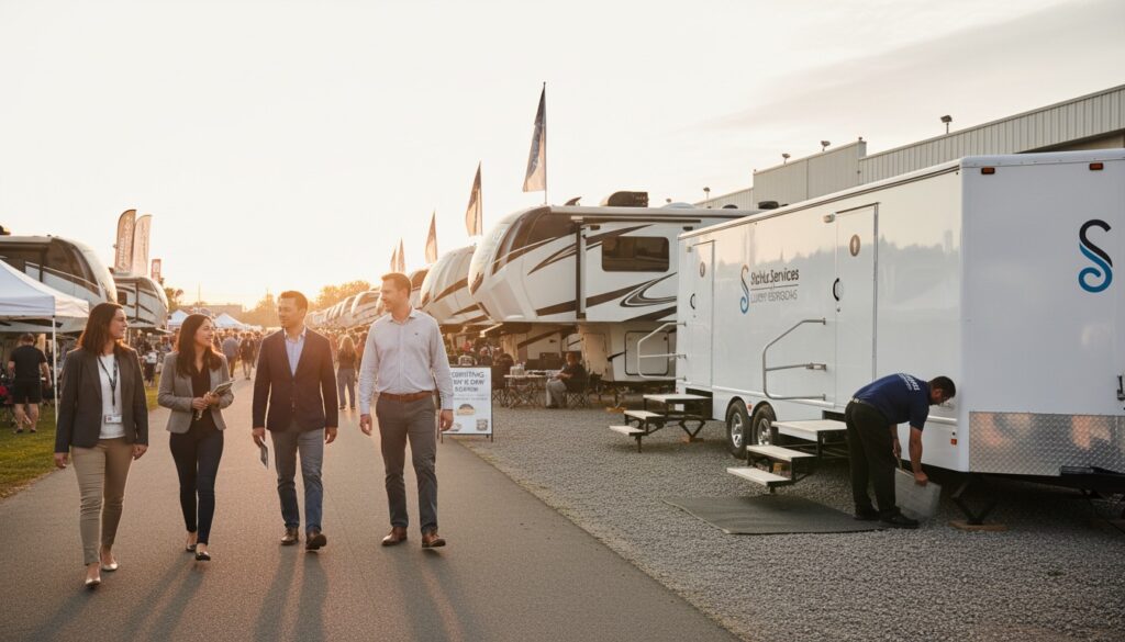 Interior of upscale restroom trailer showing professional fixtures and finishes comparable to RV bathroom quality