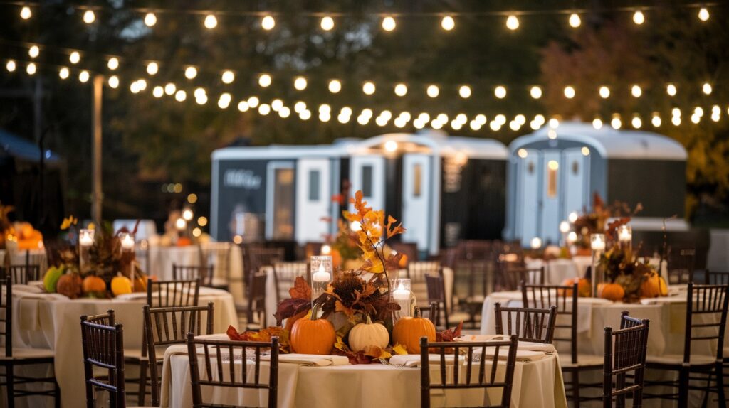 exciting outdoor event setup featuring round tables with white tablecloths, fall themed centerpieces, and string lights above. in the background, there are trailers and trees—perfect for gathering autumn season fall event ideas.