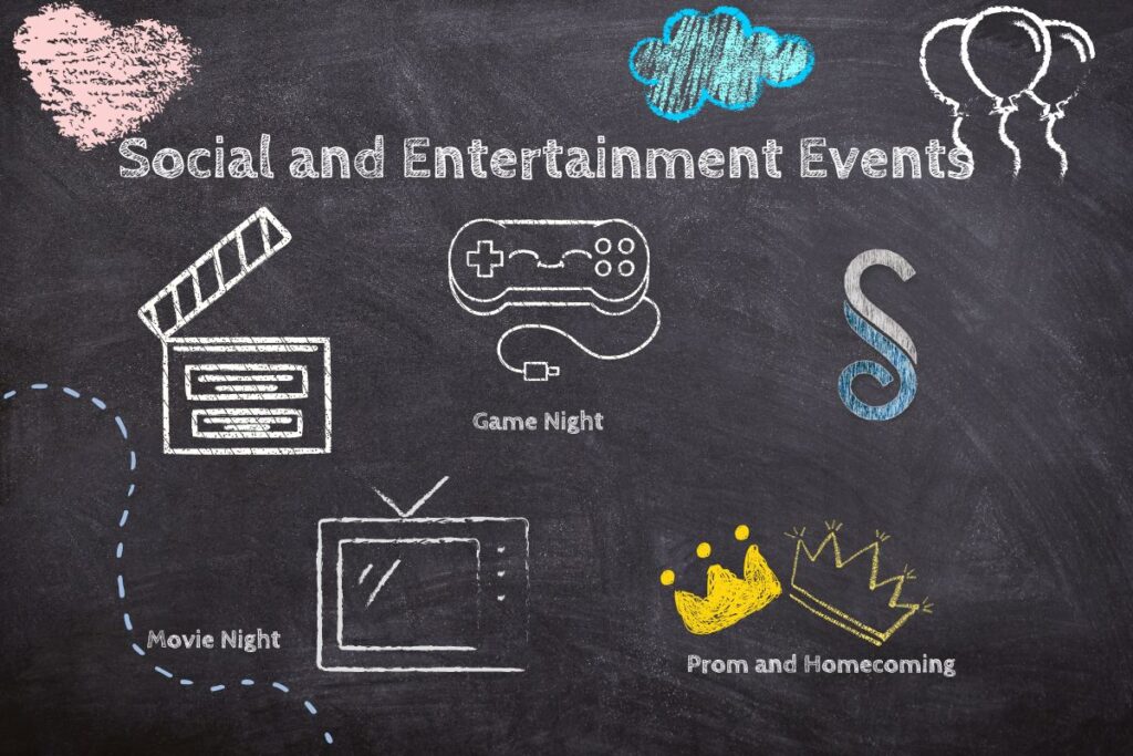 a chalkboard illustrates various school events, promoting social and entertainment activities like movie night, game night, and prom/homecoming. the board features corresponding icons such as a clapperboard, game controller, and crowns to inspire fun school activities.