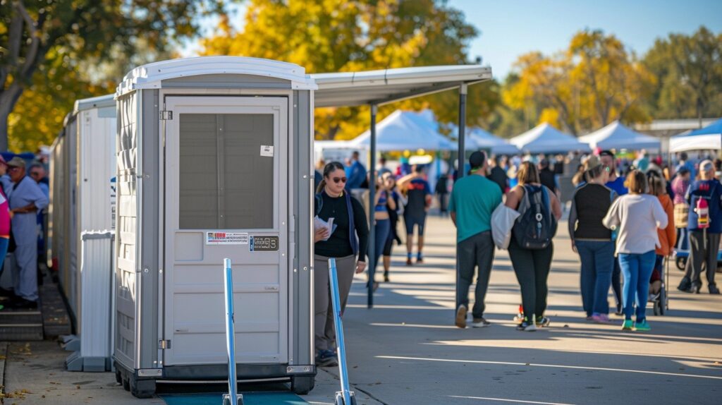 an outdoor event features groups of people walking past a row of handicap friendly portable toilets. trees adorned with autumn leaves create a picturesque backdrop.
