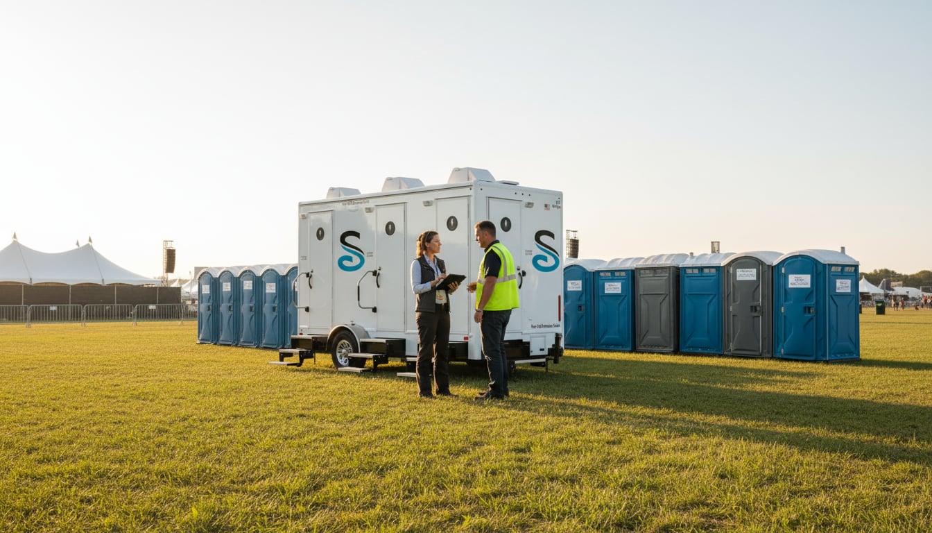 Event planner reviewing outdoor restroom facilities setup with a restroom trailer and portable toilets at a large festival grounds