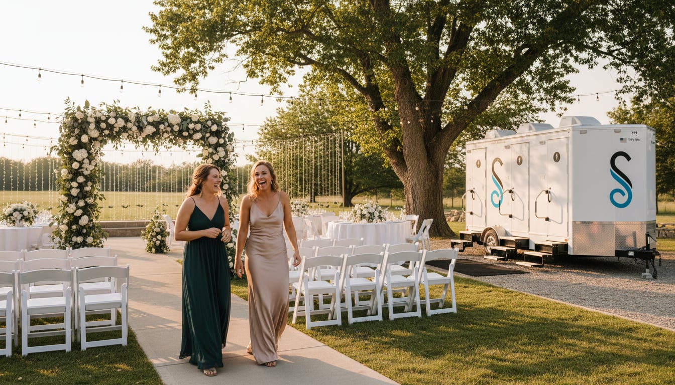 Luxury restroom trailer at vow renewal ceremony with elegant outdoor venue setup and floral décor visible