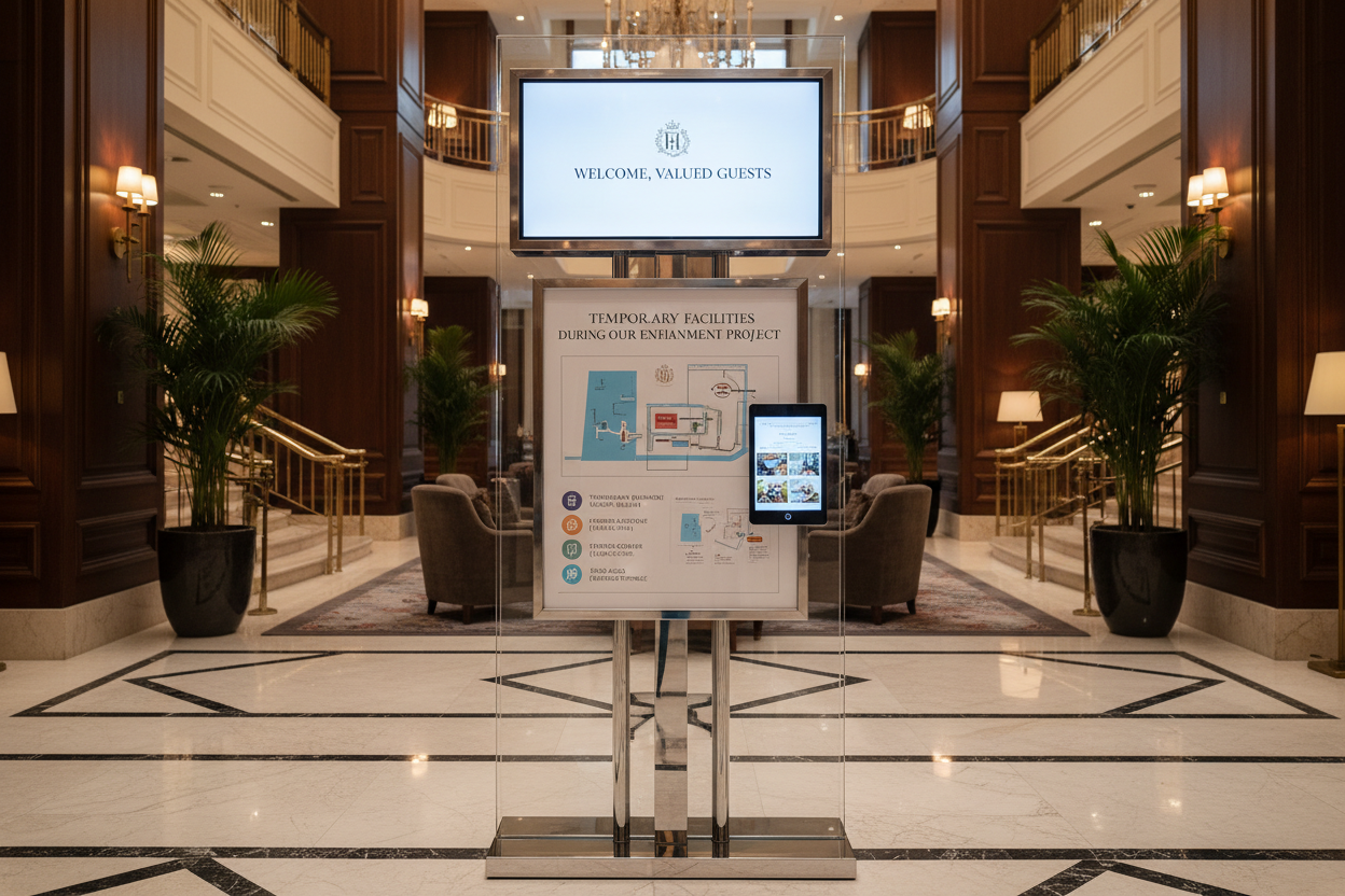 Hotel guest information showing temporary facility arrangements during renovation with clear signage and maps