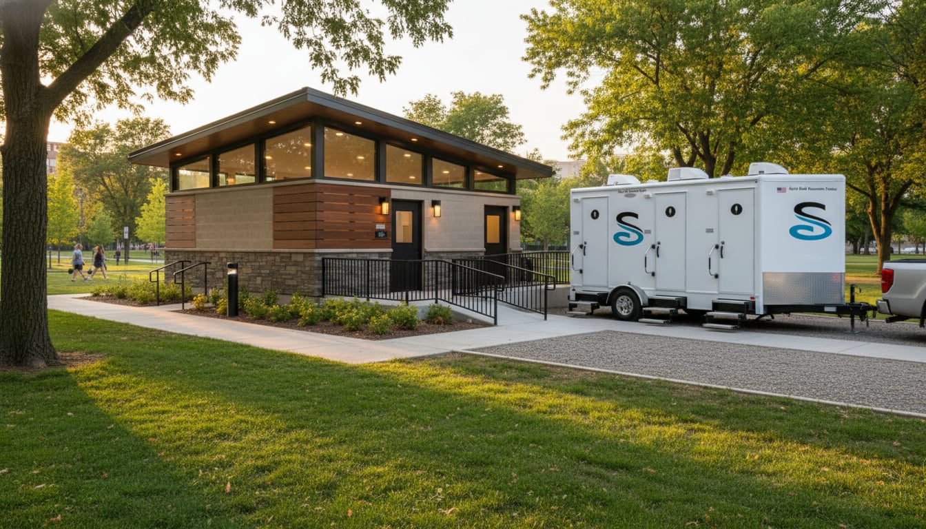 Modern permanent outdoor restroom building with accessible entrance at a well-maintained park