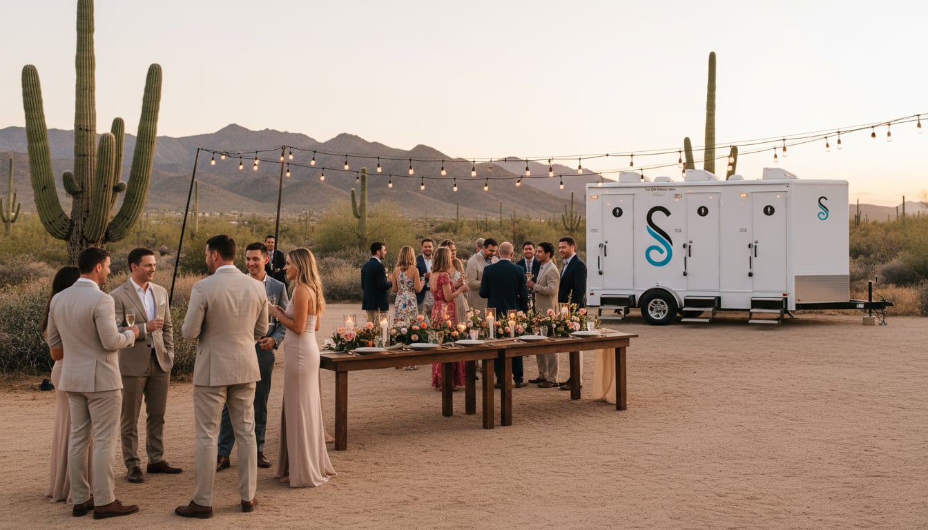 Restroom trailer at desert wedding venue with cactus, mountains, and desert landscape visible under bright sun