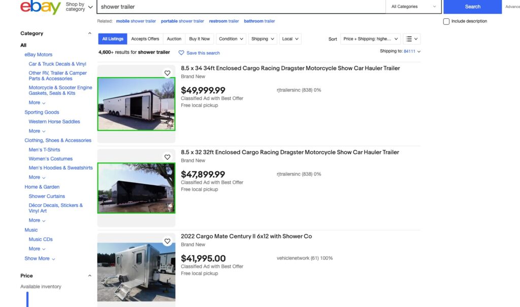 eBay listings of various new shower trailers.