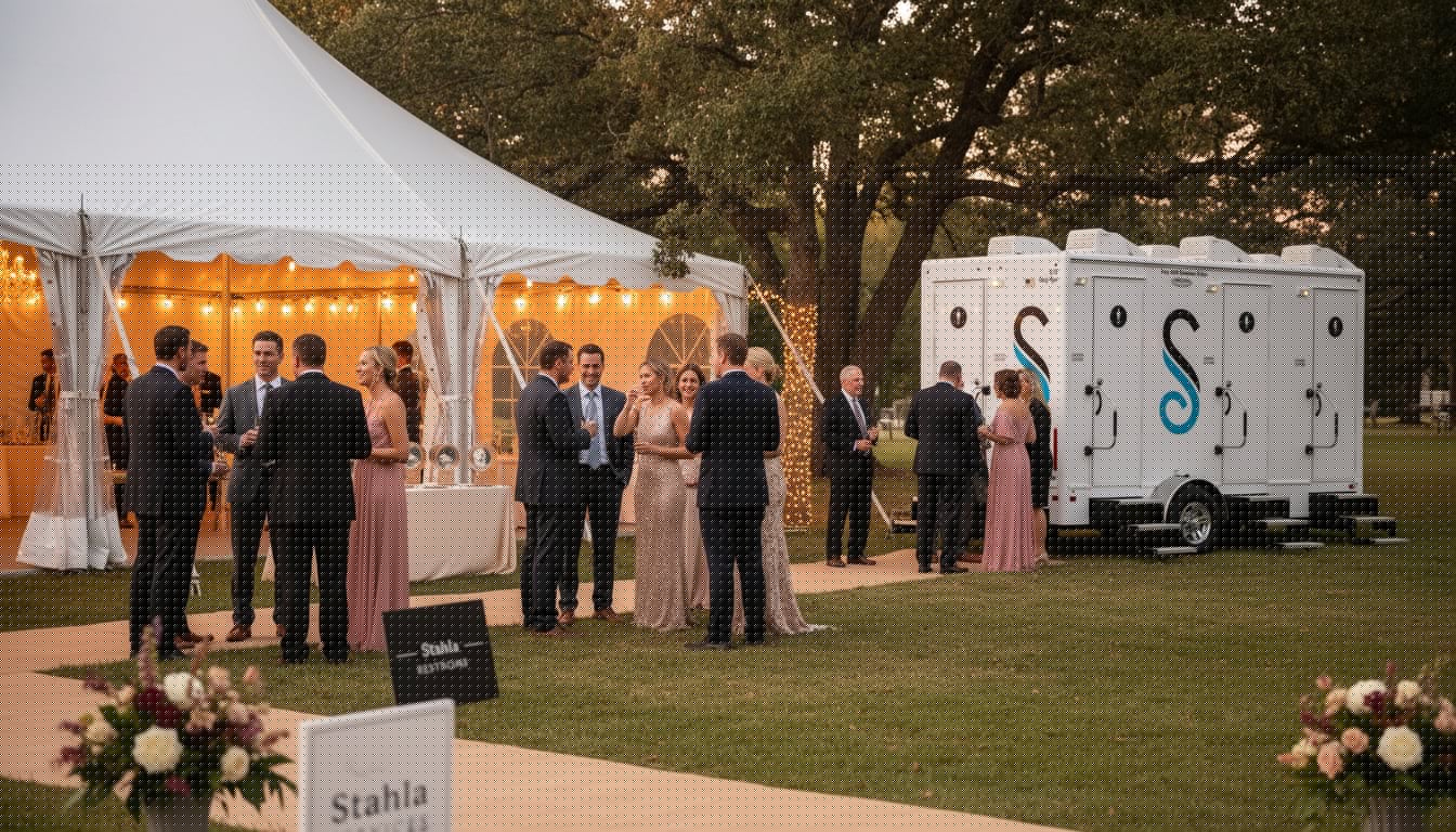 Luxury restroom trailer positioned at outdoor fundraising gala with elegant tent and formal event lighting visible