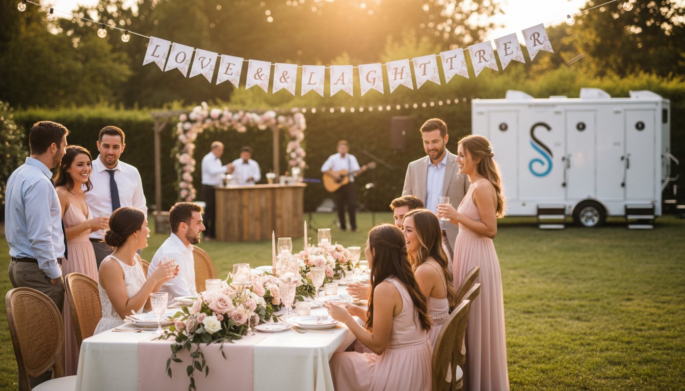 Compact elegant restroom trailer positioned at backyard bridal shower with decorative banners and garden party setup visible