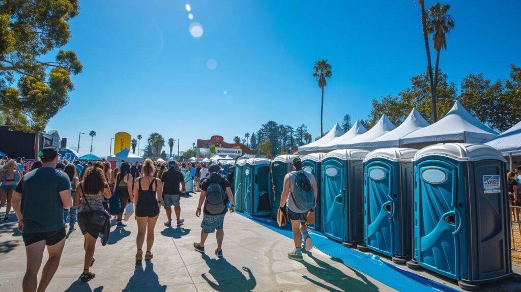 people walk through an outdoor festival with portable, handicap accessible toilets and vendor tents lining the pathway under a clear blue sky.