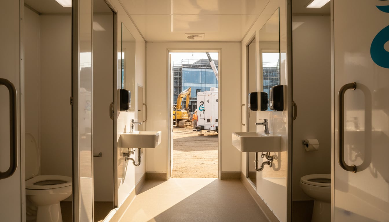 Interior of a clean, well-lit Stahla restroom trailer showing individual stalls with flushing toilets and handwashing stations on a construction site