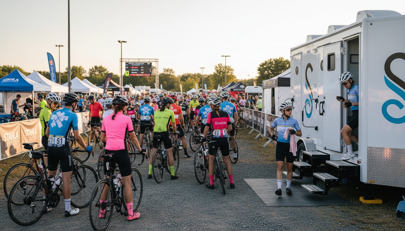 Combo restroom and shower trailer positioned at cycling race finish line with bikes and participants visible