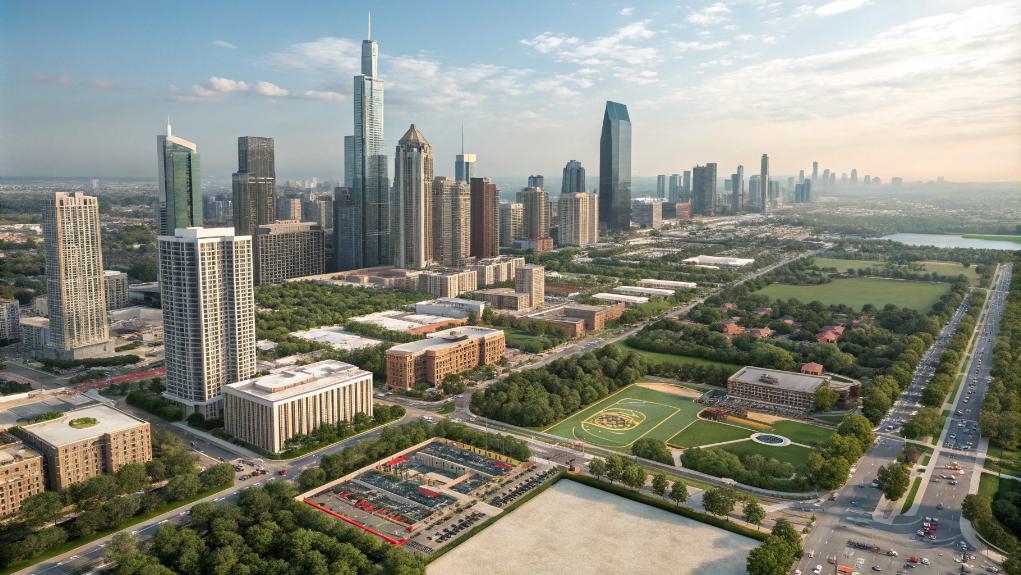 Aerial View Of A Cityscape With Modern Skyscrapers, Green Parks, And A Road Network. The Skyline Includes A Tall, Prominent Building That Also Serves As A Popular Wedding Venue, Perfectly Meeting Zoning Requirements.