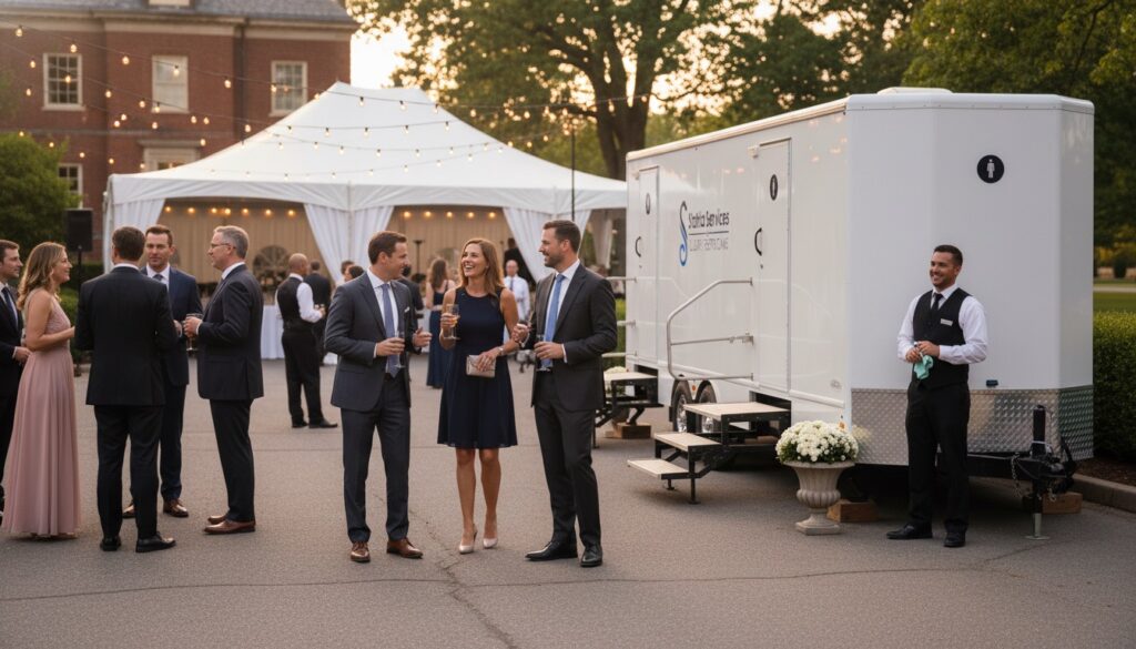 People in formal attire socialize outdoors near a large white restroom rentals trailer, with a white event tent and hanging lights visible in the background.