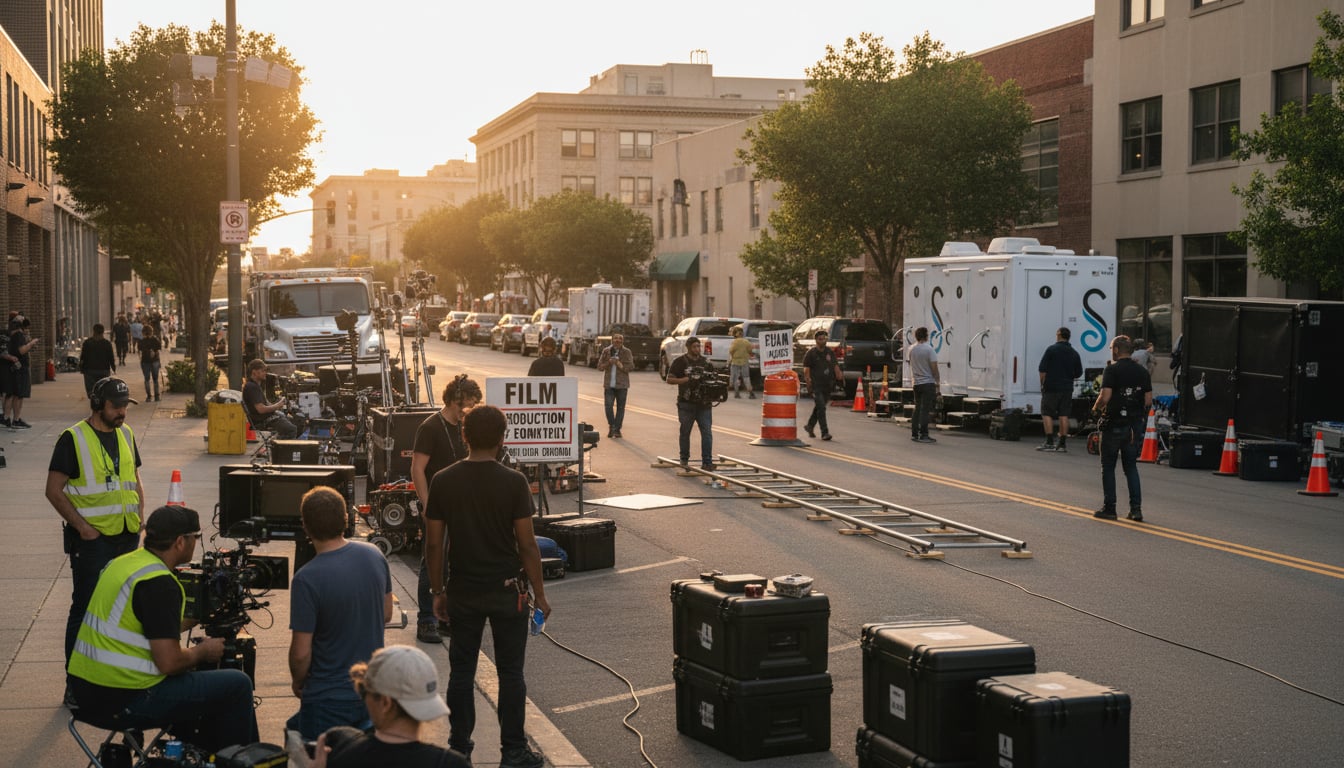Film production combo trailer on urban location shoot with crew members and equipment visible nearby