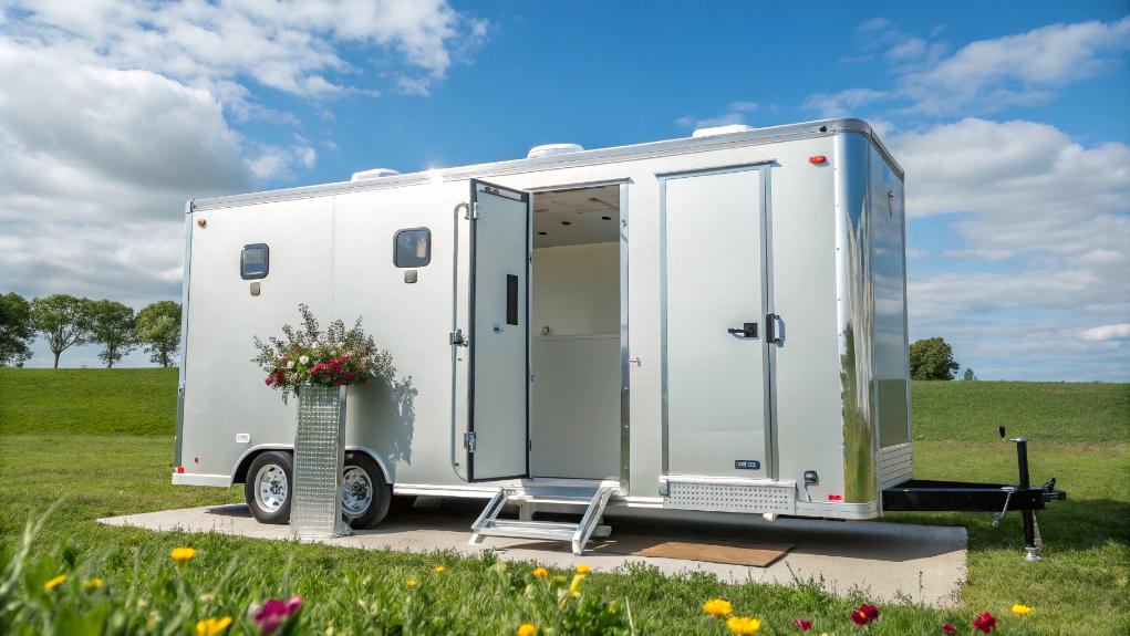 A White Restroom Trailer With Open Doors Is Parked On Grass, Surrounded By Flowers, Beneath A Blue Sky With Clouds, Offering A Fresh Contrast To Any Preconceived Notions Of Stink.