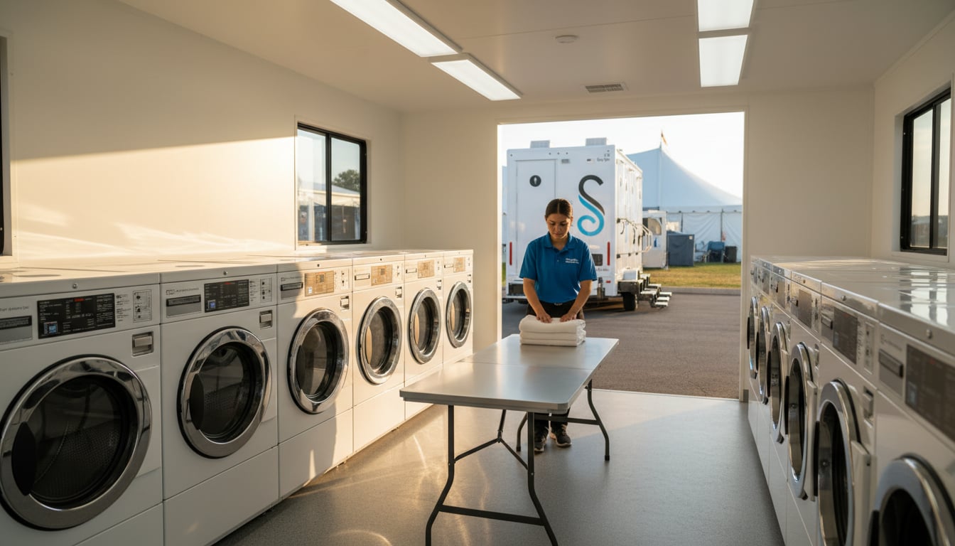 Interior of laundry trailer showing multiple commercial washing machines and dryers with climate-controlled environment