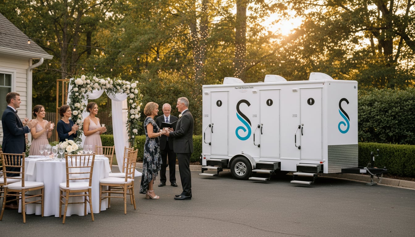 Elegant restroom trailer positioned at backyard anniversary party with romantic lighting and celebration décor visible