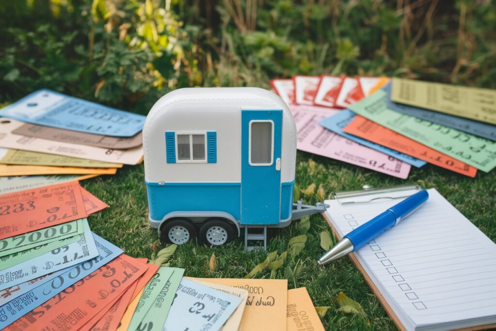 a small toy camper sits on grass surrounded by monopoly money, a blue pen, and a notepad, reminiscent of a whimsical buying guide for adventurers seeking the perfect restroom trailer.