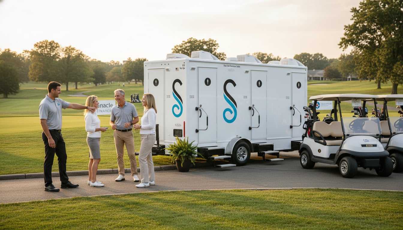 Professional four-stall restroom trailer at corporate golf tournament with sponsor banners and golf carts visible nearby
