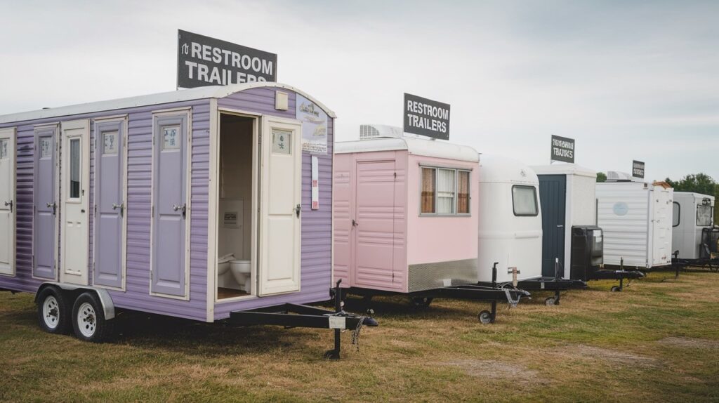a row of portable restroom trailers of various colors is parked on a grassy area, with signs overhead reading "restroom trailers." one trailer door is ajar, revealing the interior. for those considering renting or purchasing, our essential guide offers all the buying tips you need.