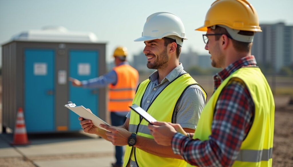 Two construction workers in safety vests and helmets hold clipboards, standing outdoors near portable toilets, reviewing a compliance checklist for construction site sanitation, with another worker visible in the background.