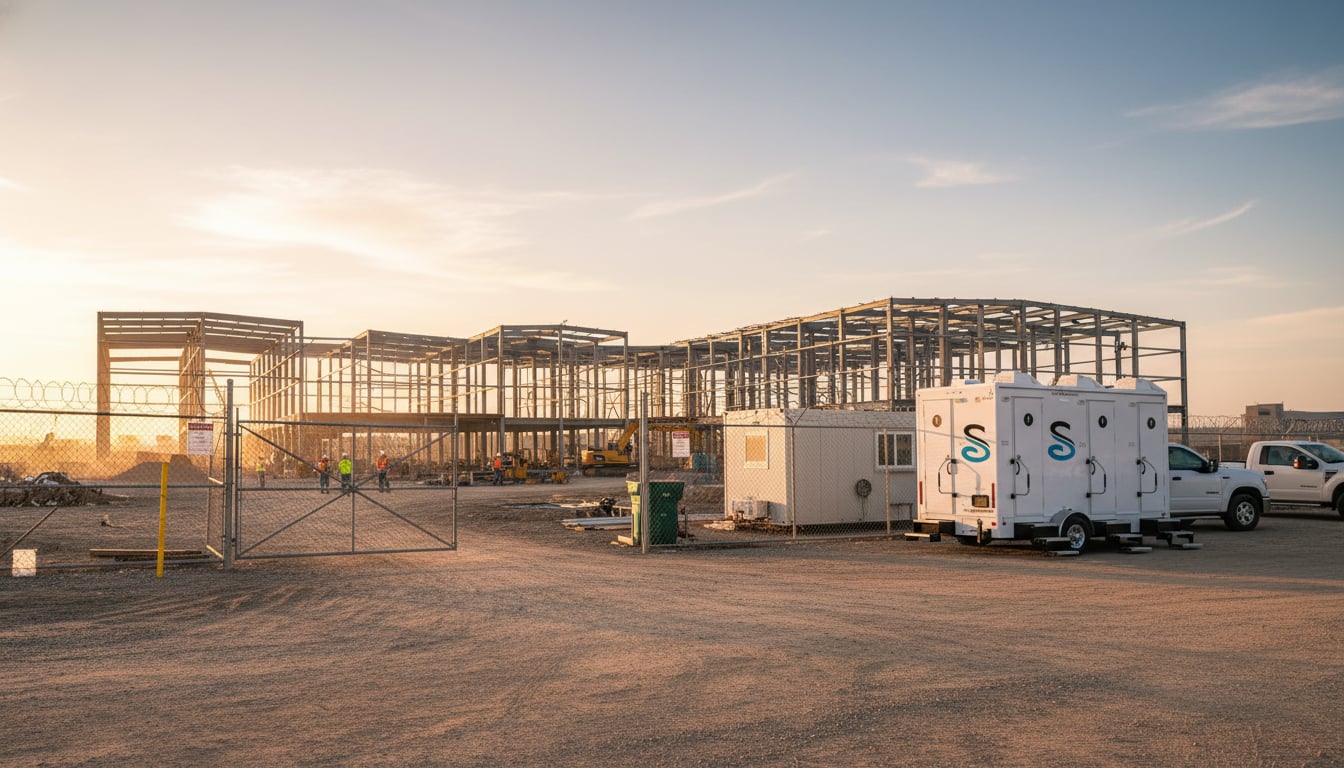 A Stahla restroom trailer positioned at a fenced construction zone entrance with data center steel framework visible in the background