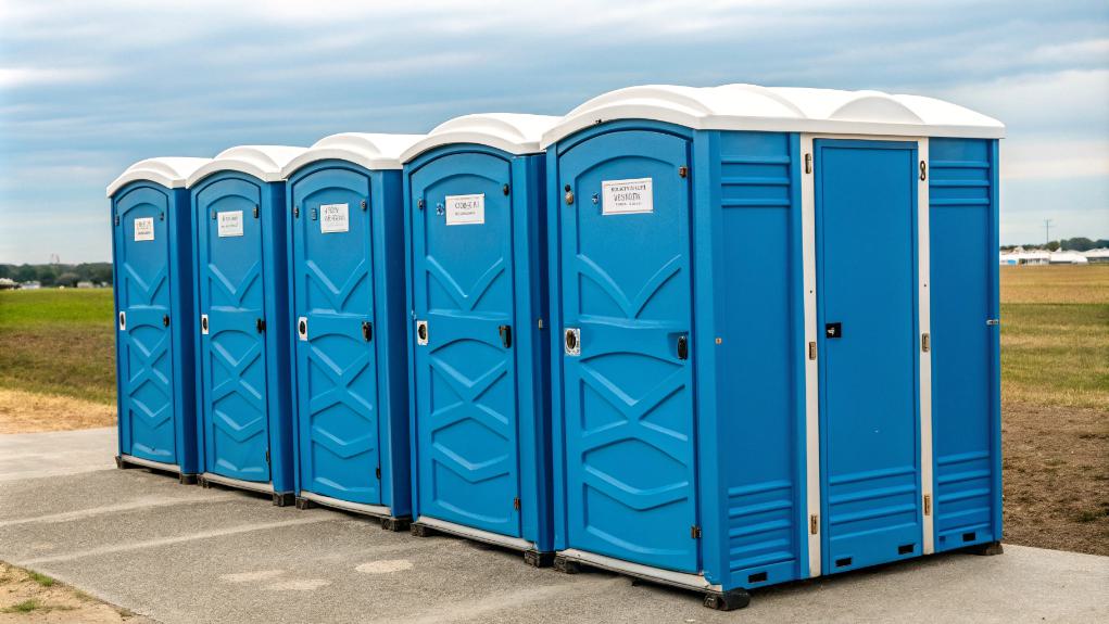 A Row Of Six Blue Portable Toilets Stands On A Paved Area With Grass Flanking Either Side Under A Cloudy Sky, Ready To Serve As A Convenient Restroom Guide For Event Goers.