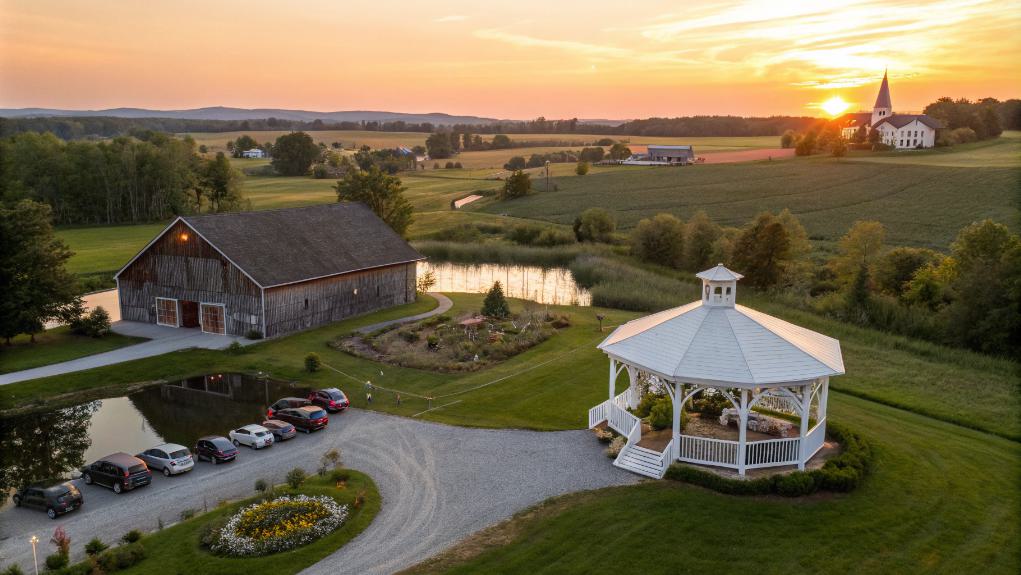 Aerial View Of A Rural Landscape At Sunset Highlights A Picturesque Wedding Venue, Complete With A Barn, Gazebo, Parked Cars, Fields, And A Charming Church In The Distance.